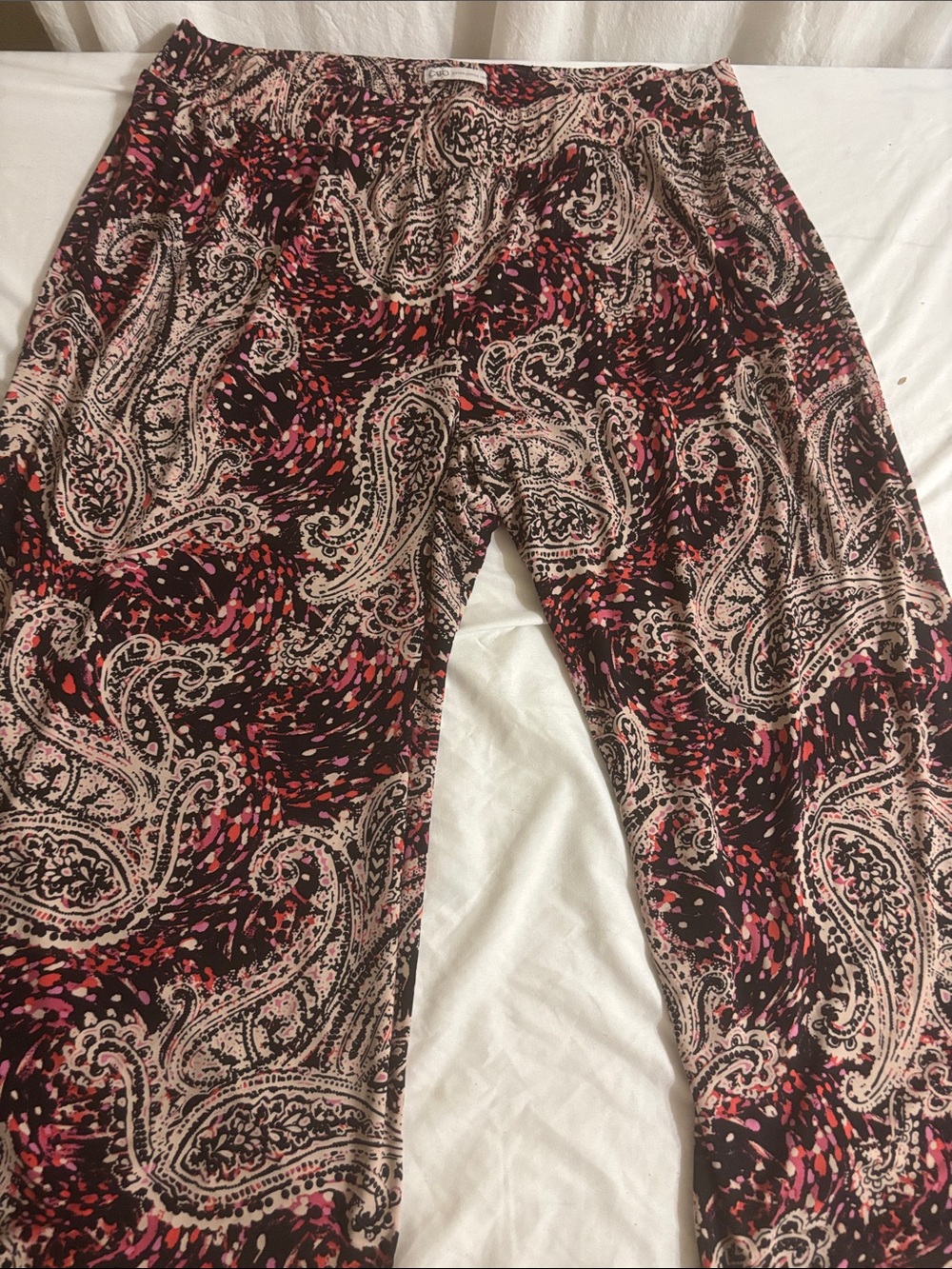 Multicolor Paisley Print Stretch Pants Black, Pink, Cream wide leg casual o